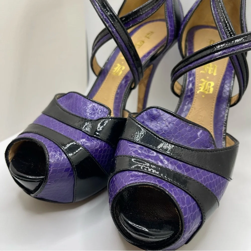 L.A.M.B. Women’s Black Purple Platform Leather Peep Toe Strappy Heels Size 6 - Picture 10 of 14